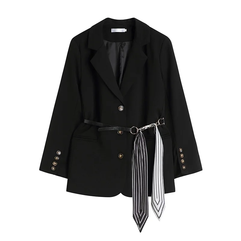 2024 Spring Autumn Black Suit Jacket Belted Waist Loose Casual Notched Collar Long Sleeve Blazer Female Outerwear Chaqueta Mujer