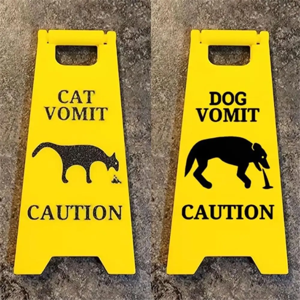 2 PCS Funny Wet Floor Warning Sign Safety Bright Dog Vomit Sign Polylactide Yellow Cat Vomit Sign Gift