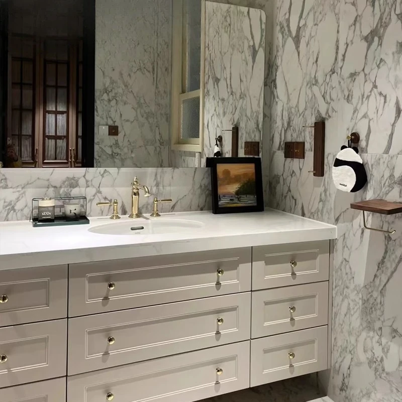 Rock slab seamless integrated basin light luxury oak bathroom cabinet cream wind bathroom custom face wash basin