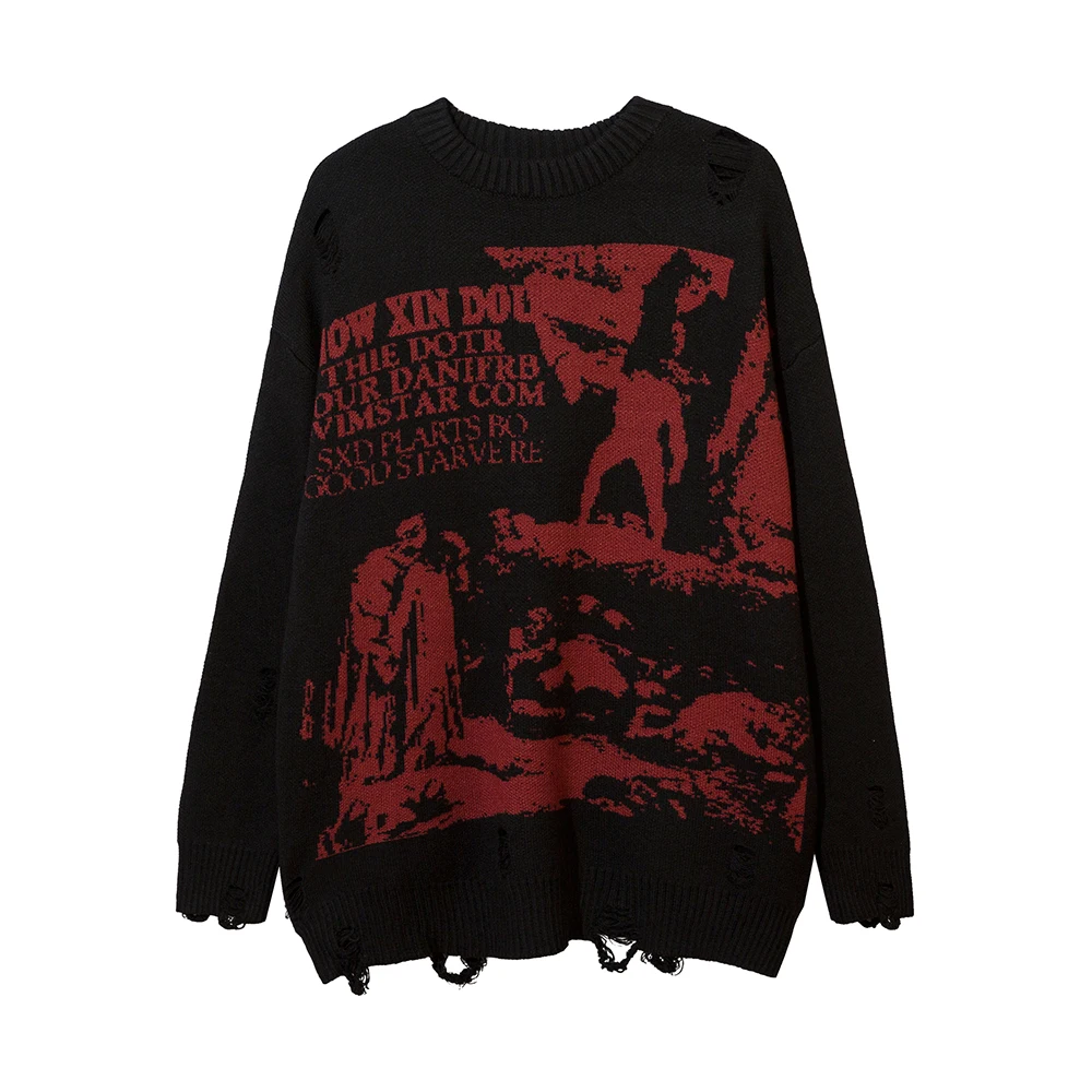 Ripped Goth Women Y2k Men Sweaters Vintage Black Oversize Knitted Sweater Harajuku Anime Streetwear Fashion Winter Tops Pullover