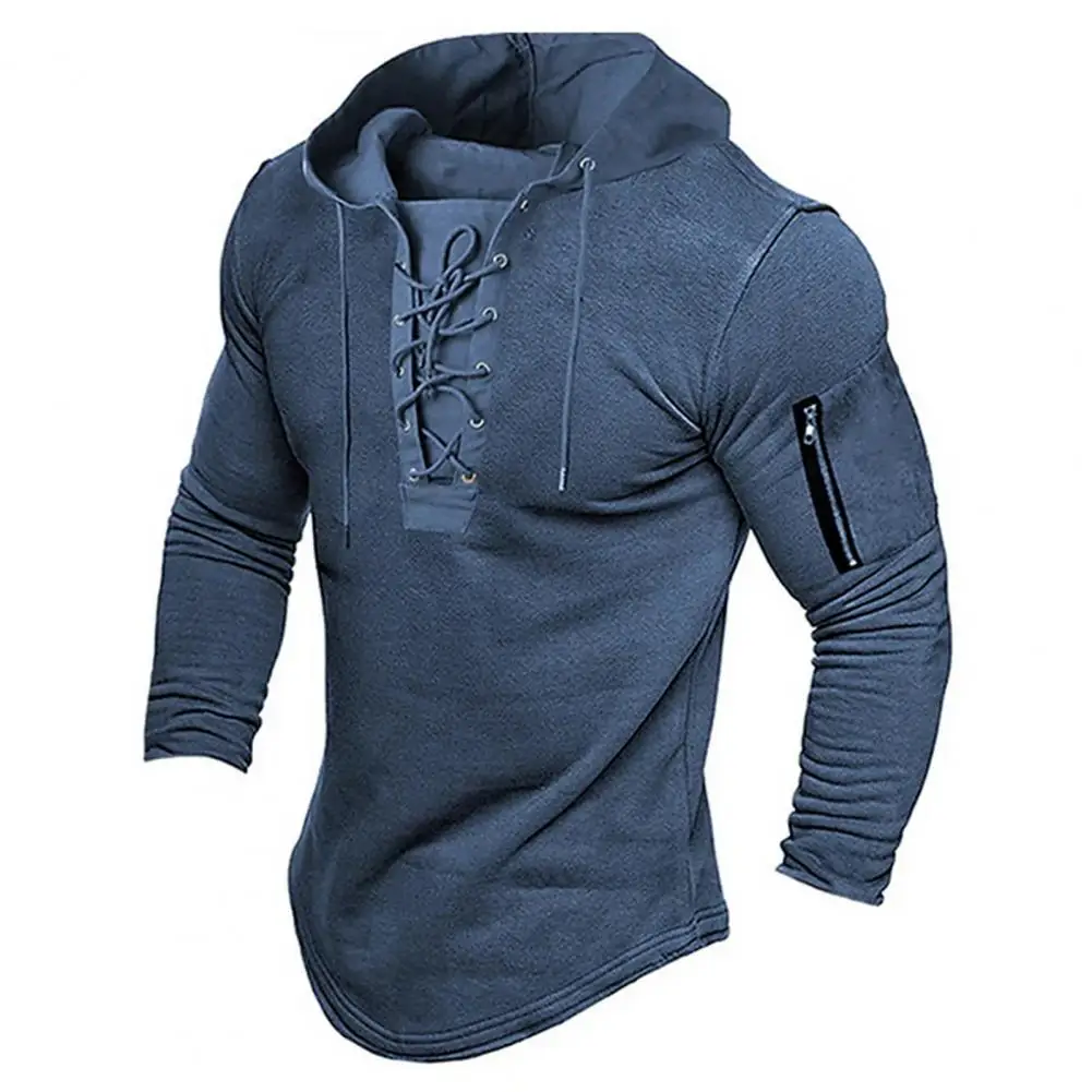 Style Men Hoodie Vintage Lace-up Hoodie Stylish Men's Pullover with Zipper Detailing Slim Fit for Spring Fall Breathable Men