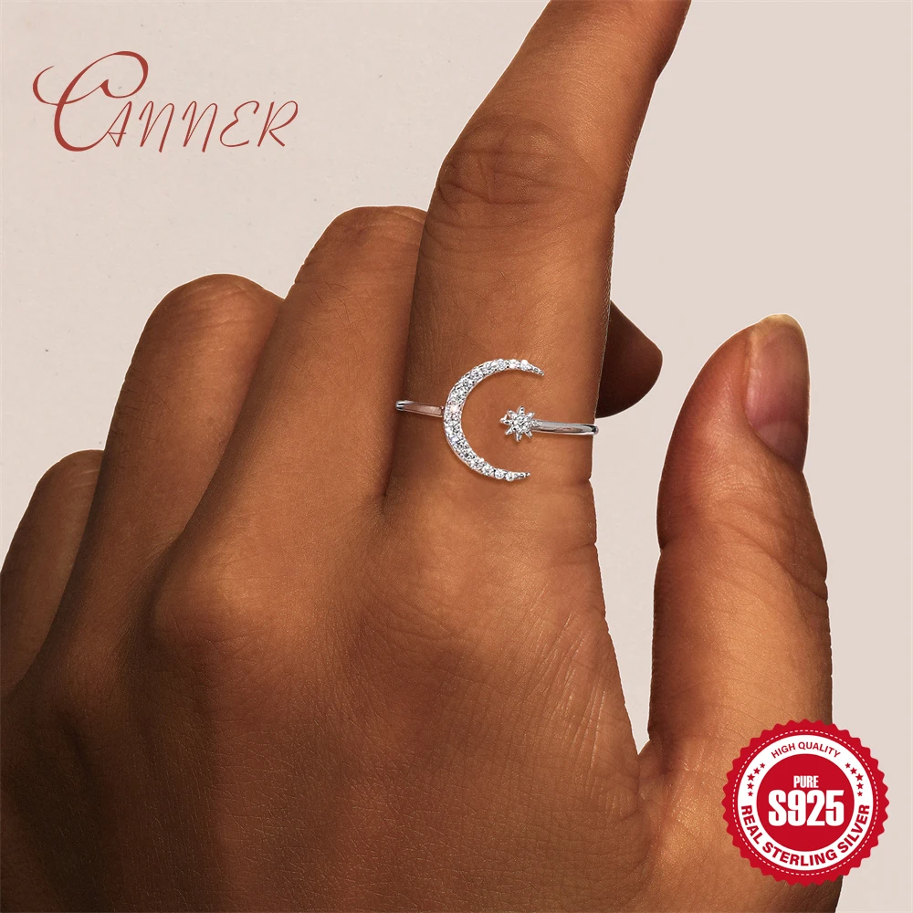 

CANNER 925 Sterling Silver Ins Trend Star Moon Moissanite Ring For Couples Lovers' Wihte Gold Adjustable Opening Jewelry Gift