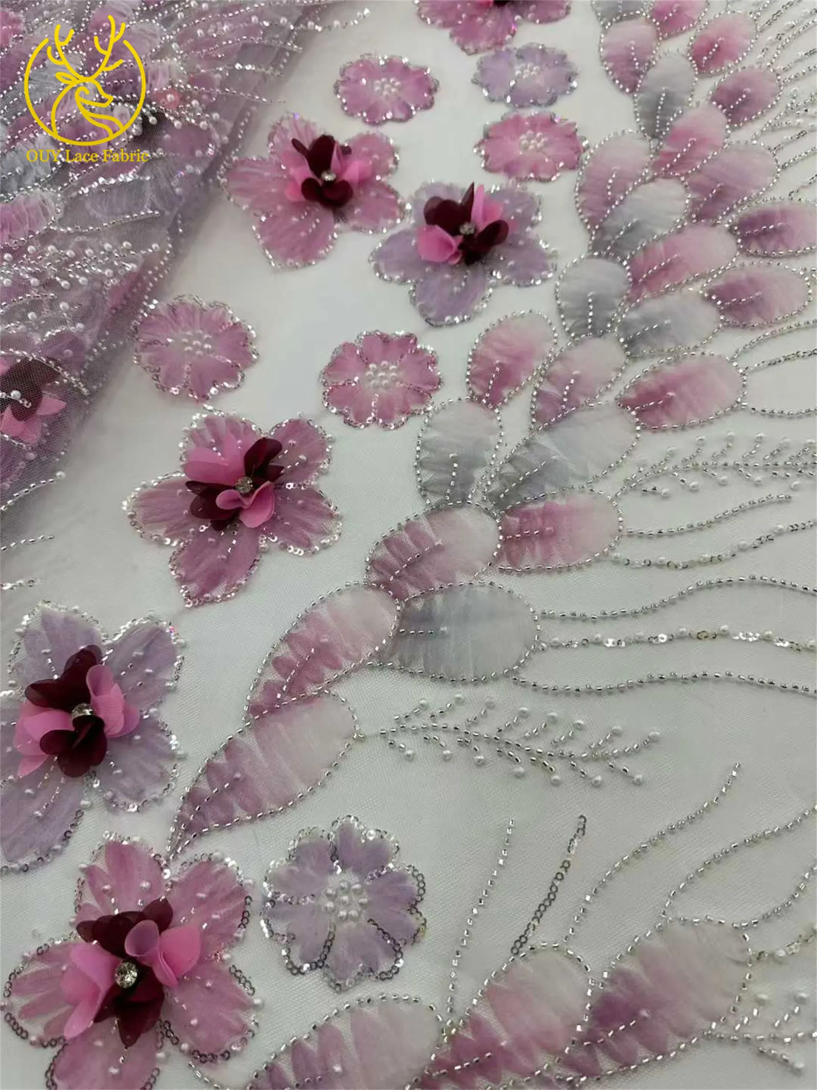 3D-Mesh-Blumen Silber Perlenbesetzter Hochzeitskleid-Spitzenstoff 2026 Afrikanische Französische Pailletten-Stickerei Tüll für Brautparty-Näharbeiten – Detail 10