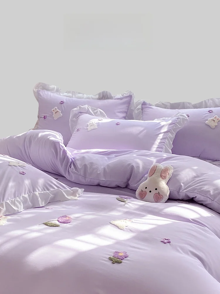 

Soft Cotton Tulip Rabbit Purple Lace Four-Piece Bedding Set Comfortable Bed eet Bed Skirt Accories Ins Sle Student Dor...