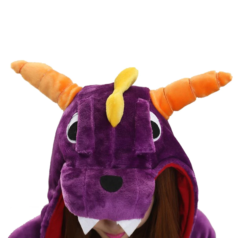 Família inverno uma peça roxo dinossauro desenhos animados pijamas com dois chifres de dragão asas poliéster quente confortável sleepwear cosplay