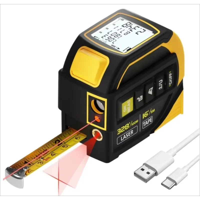 2-In-1 laser tape measure 328-foot rechargeable laser measuring tool and 16-foot tape measure with laser crosshairs