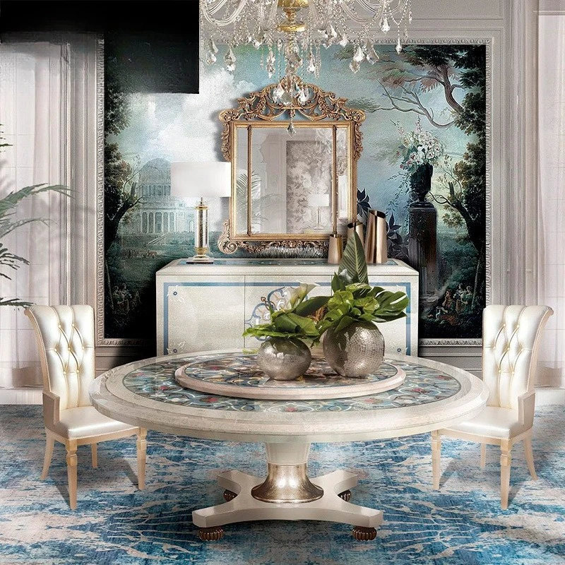 Carved inlaid shell parquet round dining table and chair combination household European dining table