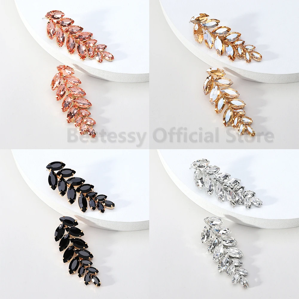 Vintage Long Drop Dangle Earrings For Women Maple Leaf Shaped Full Glass Crystal Trend Luxury Jewelry Bridal Wedding Accessories