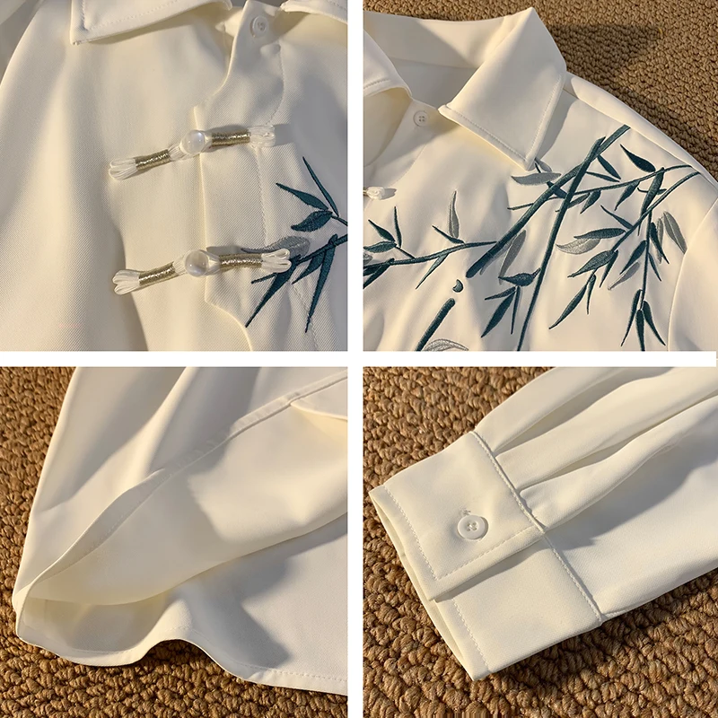 New Men\'s White Shirt Bamboo Leaf Embroidery Shirt Plate Button Design Shirts Traditional Tang Clothing Men Women Blouse