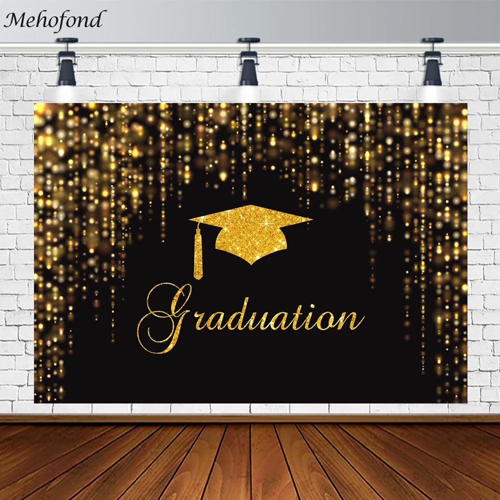 Mehofond Graduation Backdrop Black and Gold Glitter Party Decoration Background for Photography Photo Studio Props Custom Text