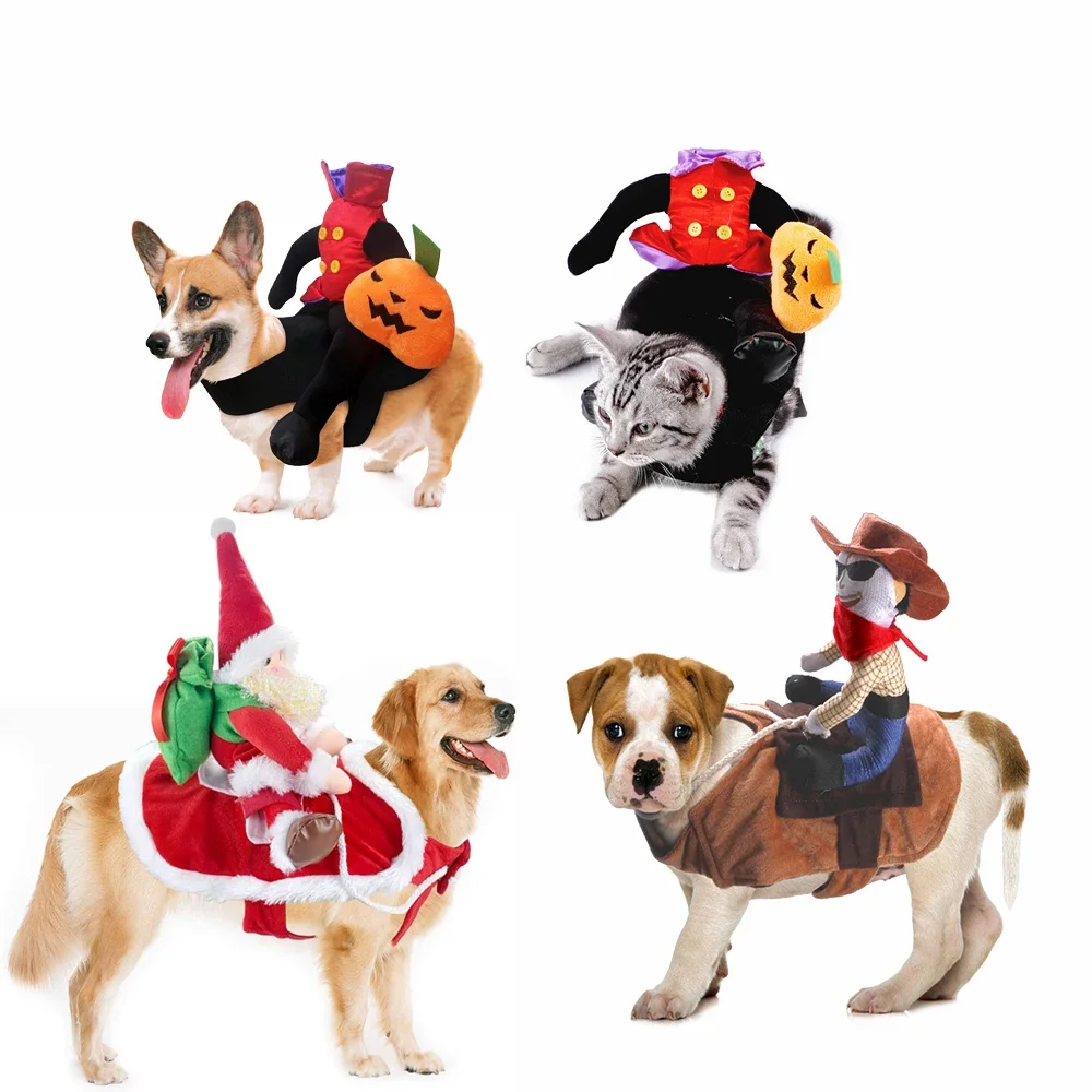 Dog Cat Costume Christmas Pet Cowboy Rider Horse Outfit Halloween Cat Dog Funny Clothes Cosplay Dress For Small Medium Large Dog