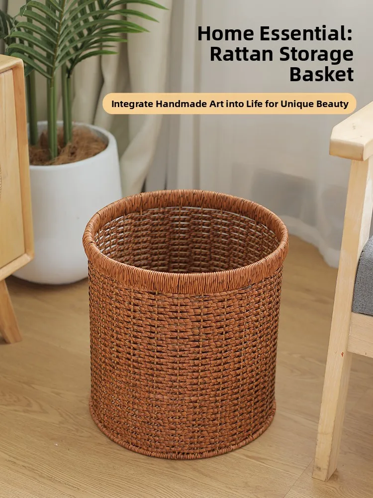 

Retro Handwoven Wicker Home Use Trash Can for Bathroom And Bedroom without Lid Floor Cleaning Tools Family Personal Cleaning