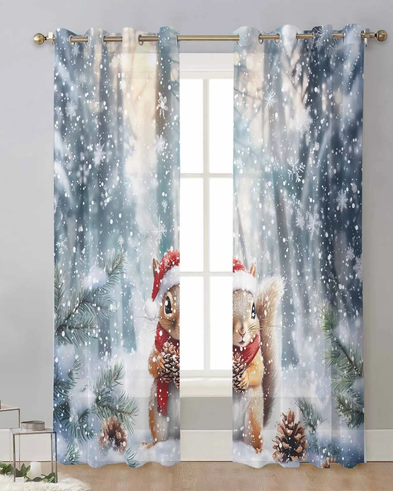 Christmas Winter Snowflake Squirrel Curtain Tulle Curtains For Living Room Kitchen Window Treatments Voile Curtains