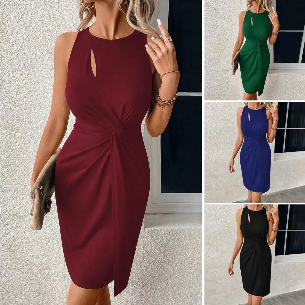 Women Dress Elegant Sheath Dress with Pleated Knot Detail for Prom Cocktail Parties Women's Slim Fit Mini Dress with Hollow Out