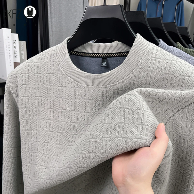 Men Thick Fleece Lined Knit Pullover Long Sleeve Crew Collar Full Embossed Letter Relax Fit Daily Wear Top