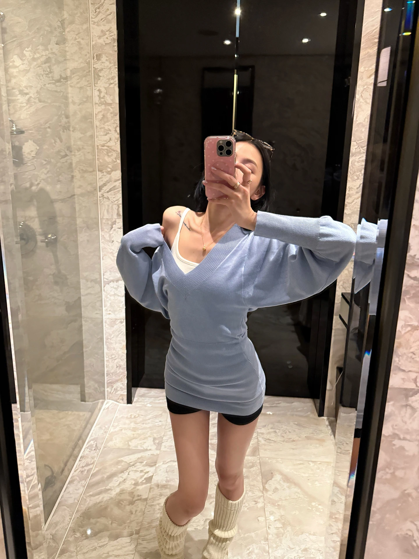 

Blue Wool V-Ne Base irt Women's Spring Medium Length Knitted Top Faionable Early Spring Series Soft Fit Long Sve