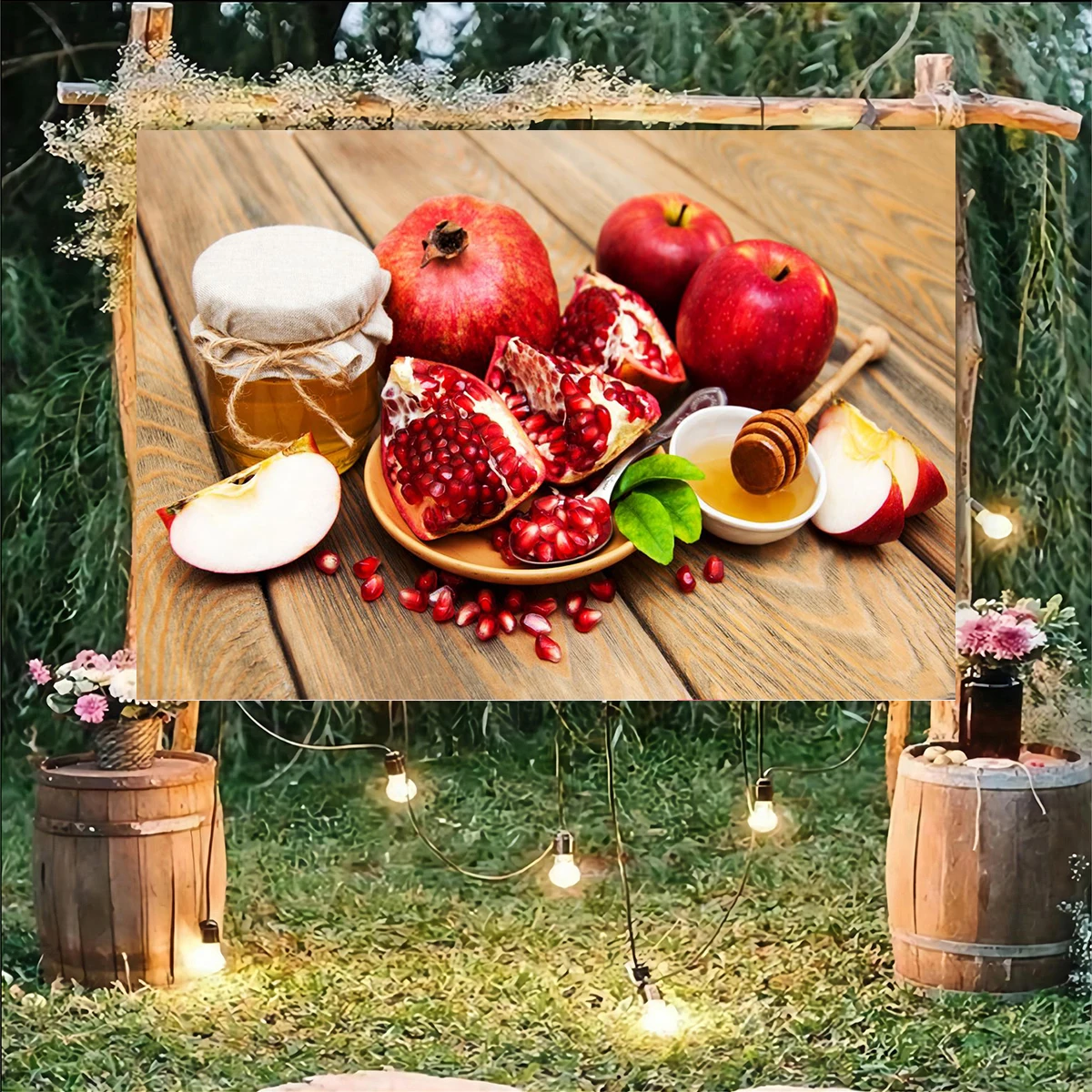 Table Food Rosh Hashanah Backdrop Banner Decor Brown - Shana Tova Jewish New Year Party Theme Decorations High Holy Day Banner