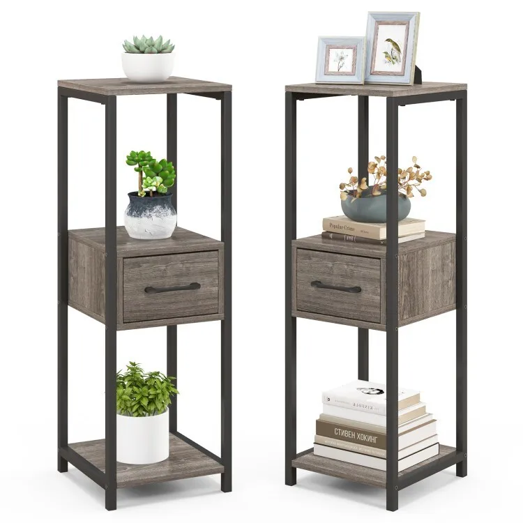 

2 Pack Flower Pot Holder 3 Tier Tall Metal Plant Stand w/Drawer & Display Shelf