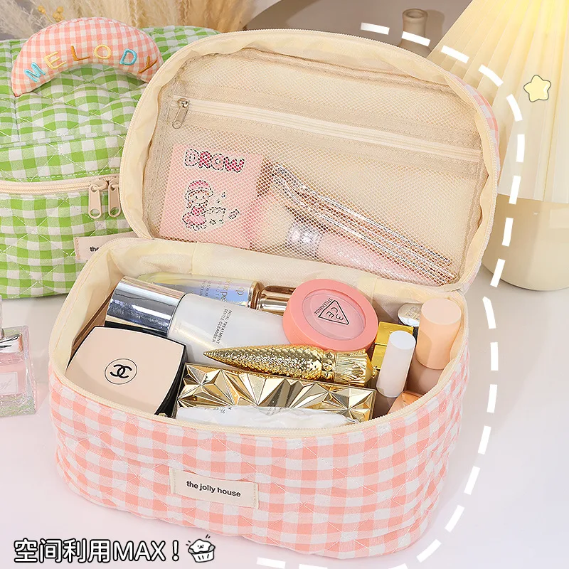 น่ารักรูปลักษณ์สูงแบบพกพาลายสก๊อตแต่งหน้ากระเป๋าขนาดใหญ่ความจุเครื่องสําอางค์กระเป๋าเดินทาง