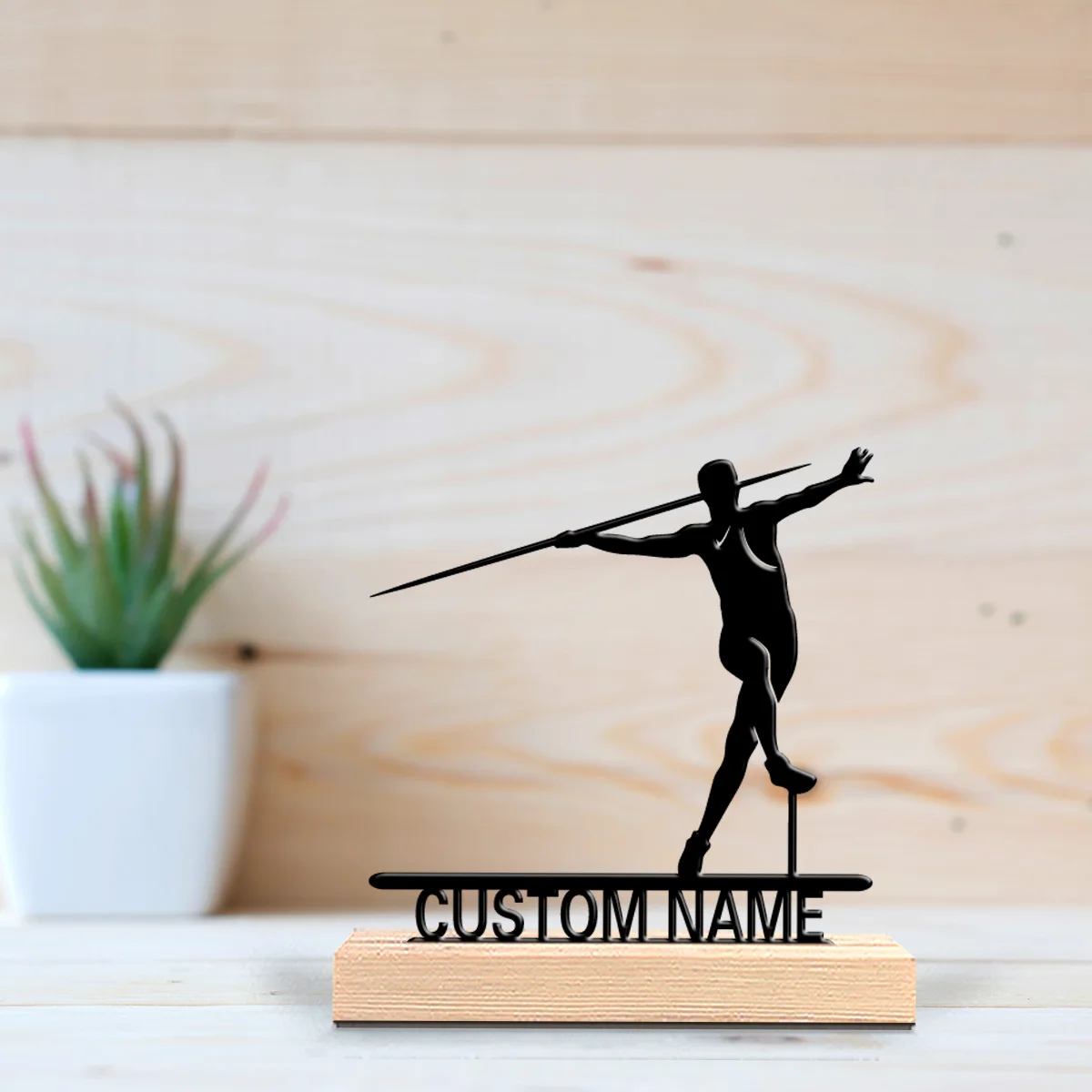 1pc Javelin throwing Custom Name Tin Statue Metal Ornament Handicraft With Wood Base Iron Sculpture Study Desktop Decoration