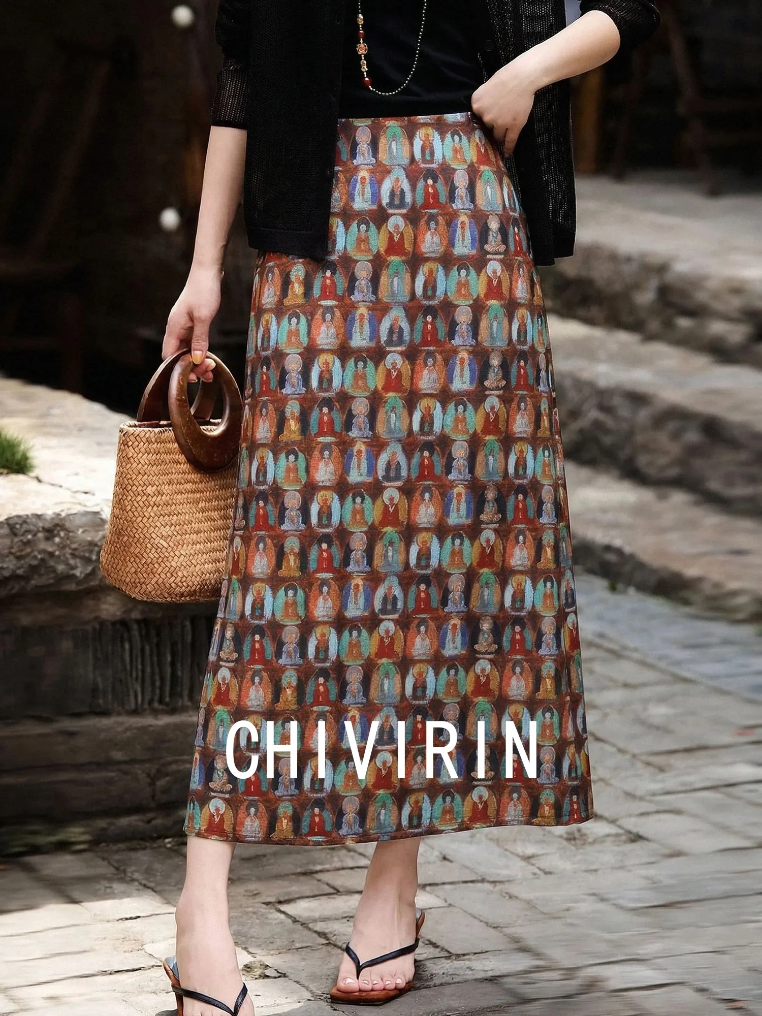 

Elegant High Waist Straight Cut Print Skirt for Women Summer Commute Midi Skirt Chivirin Polyester Fiber Daily Wear