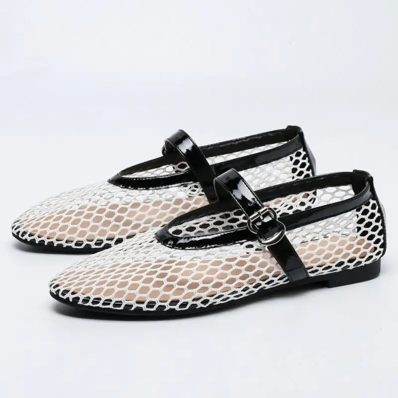 Summer Mesh Hollow Sandals Women Ballet Flats Shallow Loafers 2024 New Beach Walking Mary Janes Shoes Comfort Female Zapatillas