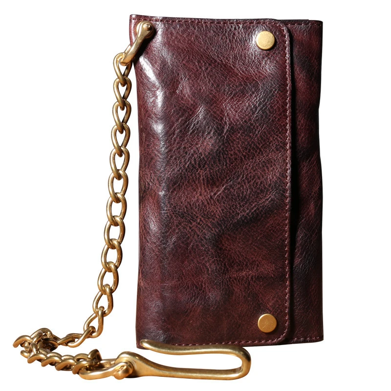 

designer handmade genuine leather men's long wallet trend vintage real cow leather copper chain three-fold phone clutch bag