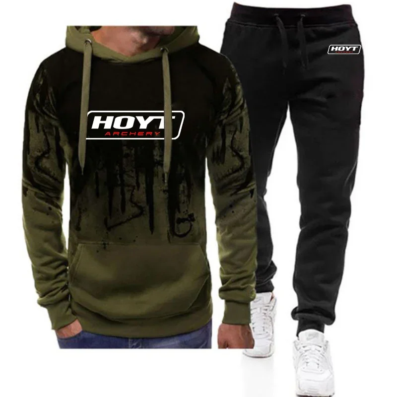 2024 Hoyt Tiro con l'arco Logo Stampa Primavera Autunno Sfumatura di colore da uomo con cappuccio Tuta con cappuccio + Pantaloni sportivi da corsa casual Set popolari