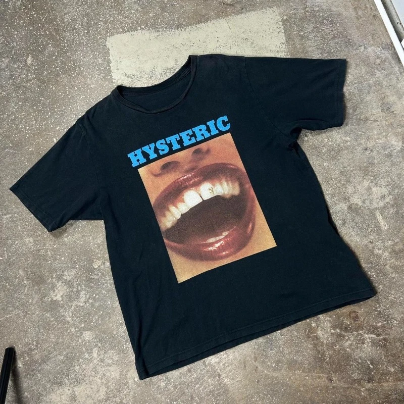 Hysteric Glamour Men's Black Unisex T-shirt with Music Design.Y2K Round Neck Short-sleeved Loose Casual Printed Top