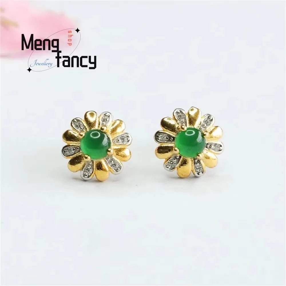 

S925 Silver Inlaid Natural Jadeite Ice Type Imperial Green Petal Earrings Exquisite Elegant High-grade Luxury Fashion Jewelry
