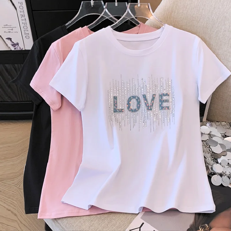 TuangBiang Summer Letter Hot Drill 2024 Comfort Short Sleeve Cotton Women O-Neck T-Shirts Loose Casual Solid T Shirt LadiesTopsv