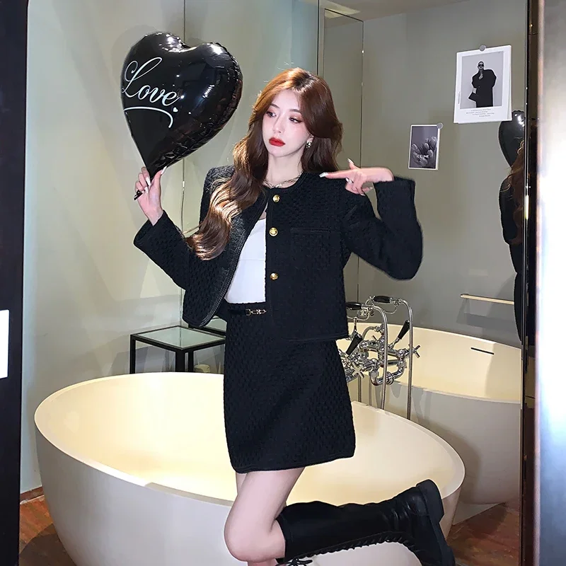 Real Shot Classic Style Autumn/Winter Set Youthful Short Jacket + Slim Black Dress Two-piece Set Female Office Lady Clothing New