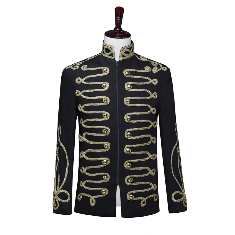 

2026 men's black gold zipper, court military dress DJ multi-buckle, fashion host blazer