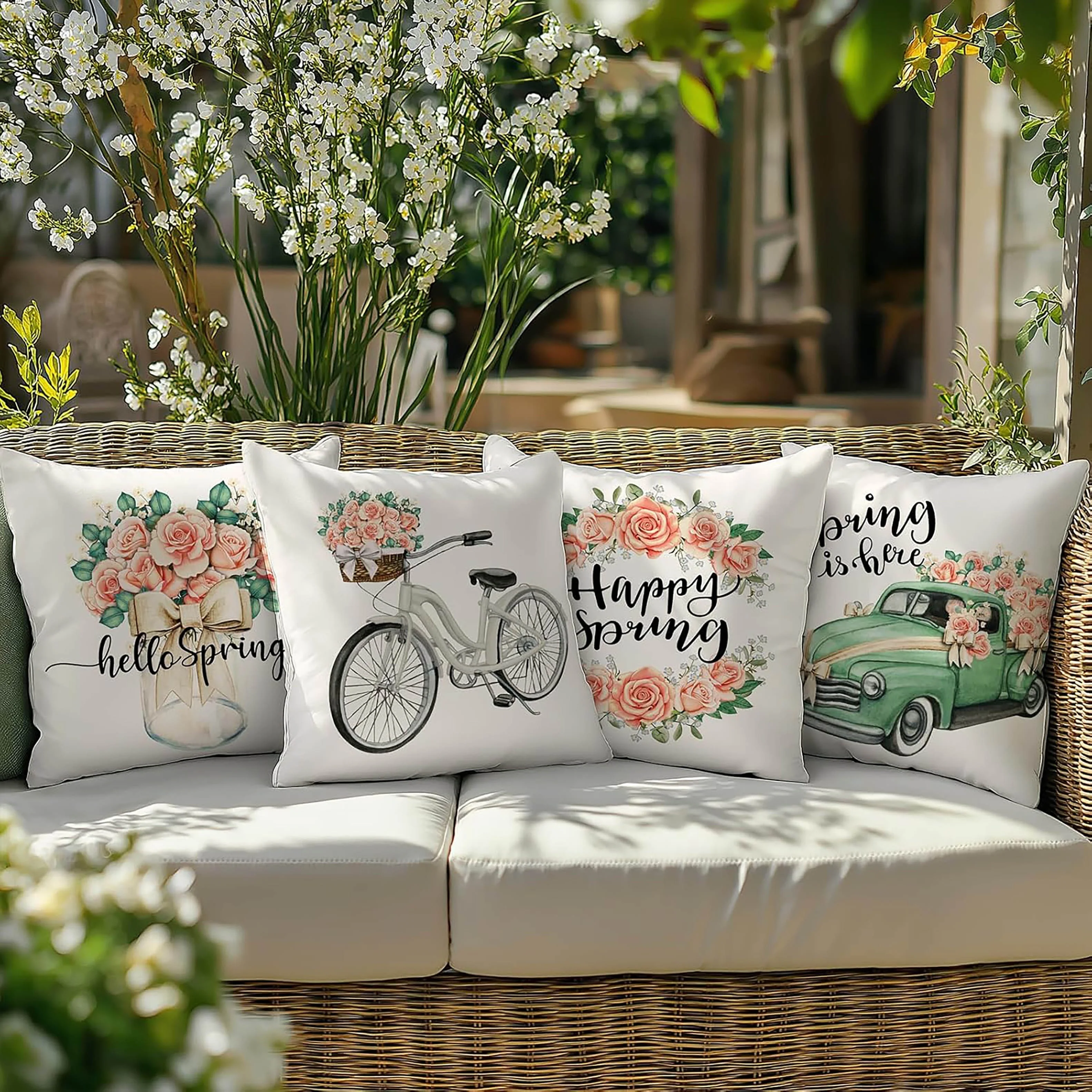 4 Piece Spring Floral Cushion Covers Set Home Decor Throw Pillows Happy Bouquet Bicycle Vintage Seasonal Gift Decor