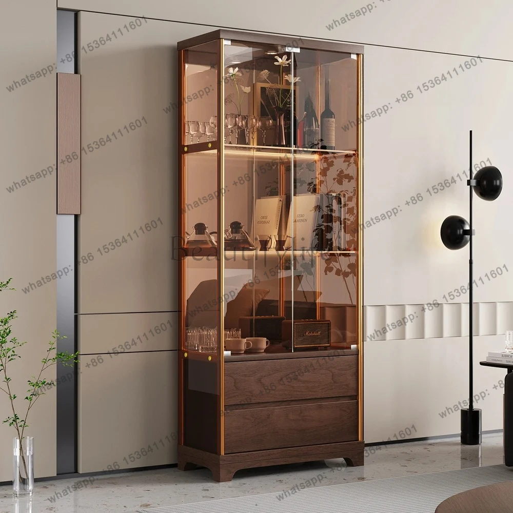

Solid wood wine cabinet new Chinese double door glass door display home against the wall designer fashion