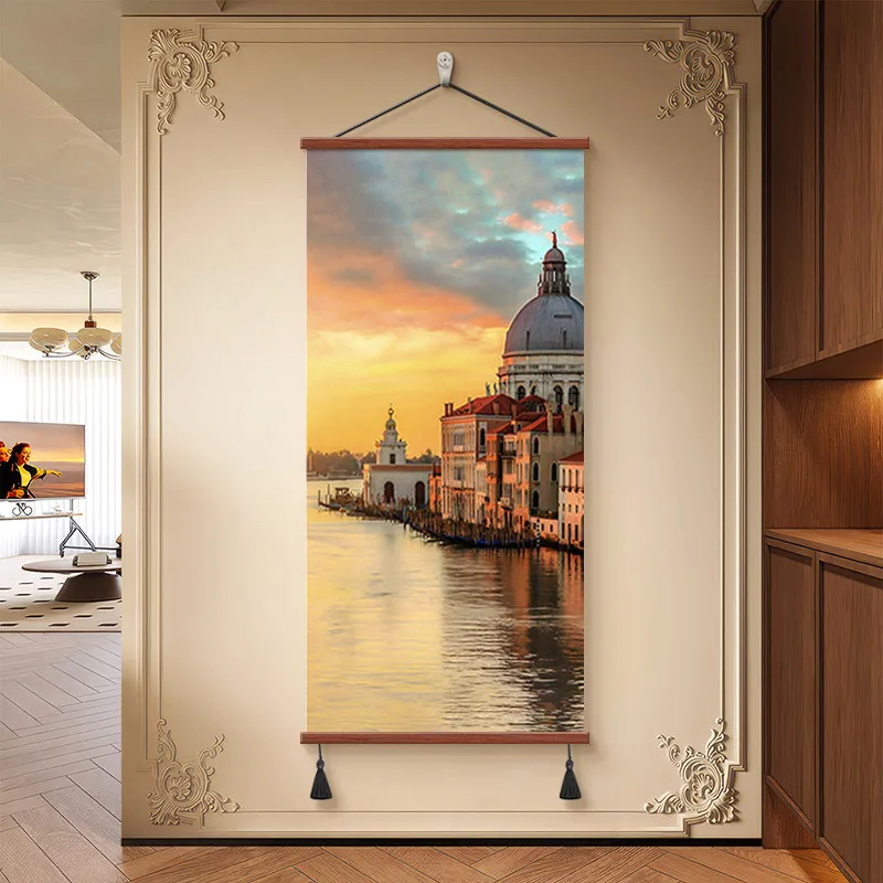 Wall Art Venetian Canal and Warm Sunset European Style Pearlescent Canvas Hanging Scroll with Wooden Rods for Entryway