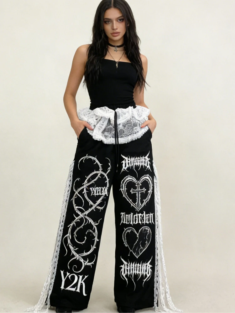 Women Y2K Gothic Wide Leg Pants Lace Trim Heart Cross Print Baggy Trousers Streetwear High Waist Drawstring Spring/Autumn Pants