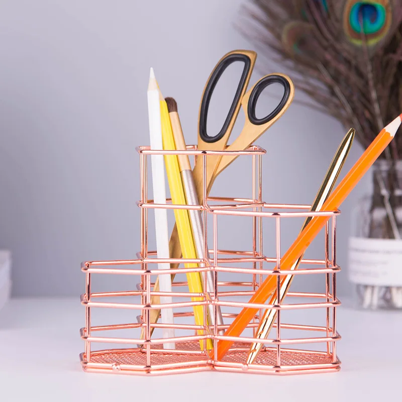 Hexagon combination pen holder Golden wrought iron storage tube tabletop debris storage basket office accessories Pen Holders