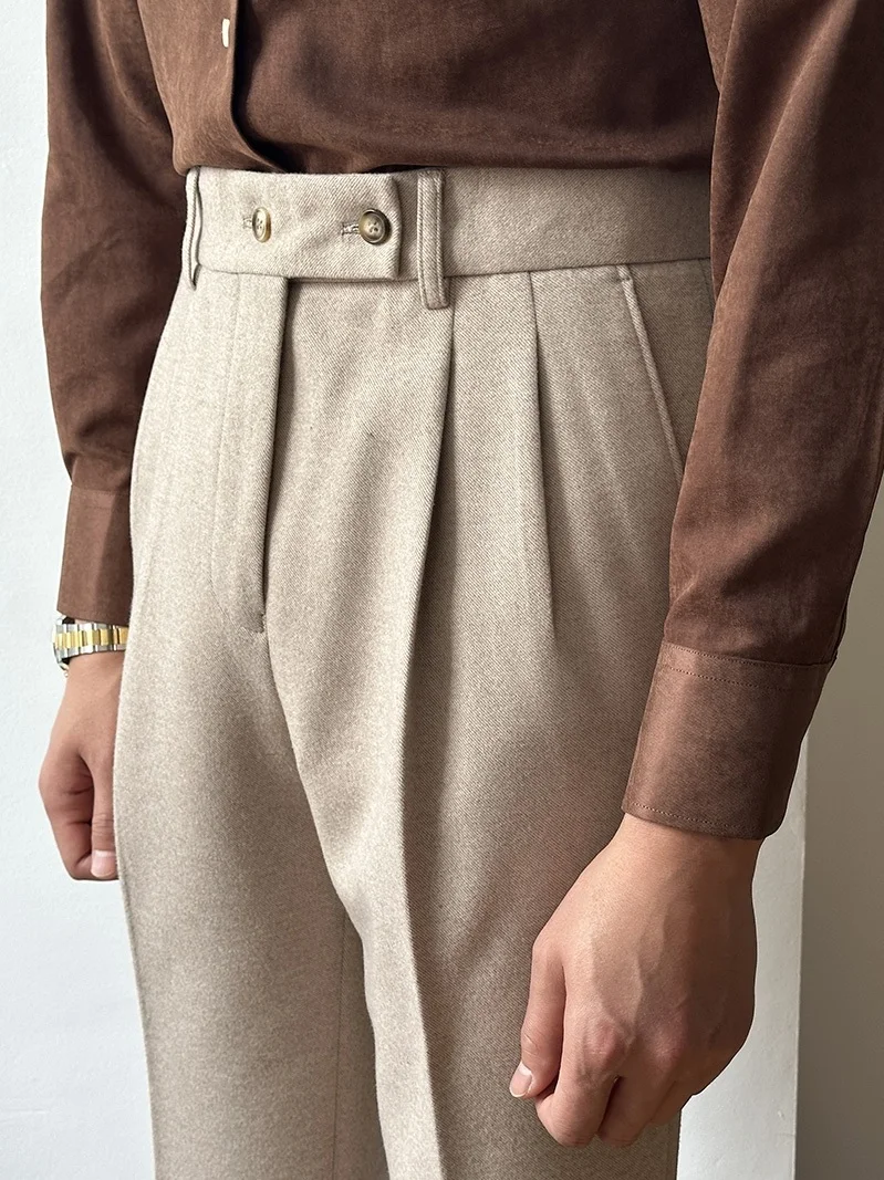 

Осенне-зимние мужские шерстяные брюки с высокой талией, теплые прямые брюки-драпель, универсальные, элегантные, разных цветов