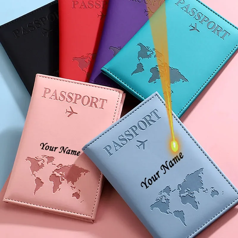 Personalized Travel Passport Cover Holder Case- Pink World Map PU Leather - Custom Names Wedding/Travel Gift for Him & Her