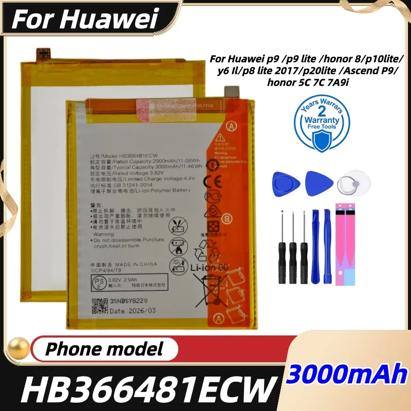 2026 Years 100% Original HB366481ECW For Huawei P9 /P9 Honor 8 P10 Y6 II P8 Lite 2017 P20 Lite Honor 5C Ascend P9 Battery+Tool