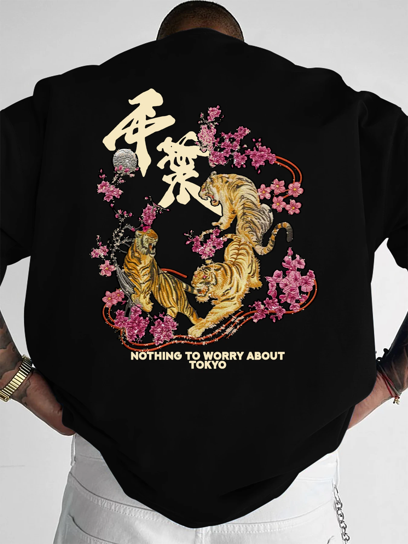 Men's T-Shirt, Japanese Streetwear, Three Tigers Cherry Blossom Back Print, Polyester, Casual Daily Outfit, S-XXL