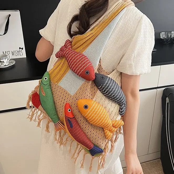 

JIAERDI милая большая сумка с бахромой в виде рыбки, женская лоскутная непринужденная вязаная сумка на плечо, женская повседневная креативная большая вместительная сумка для подмышек
