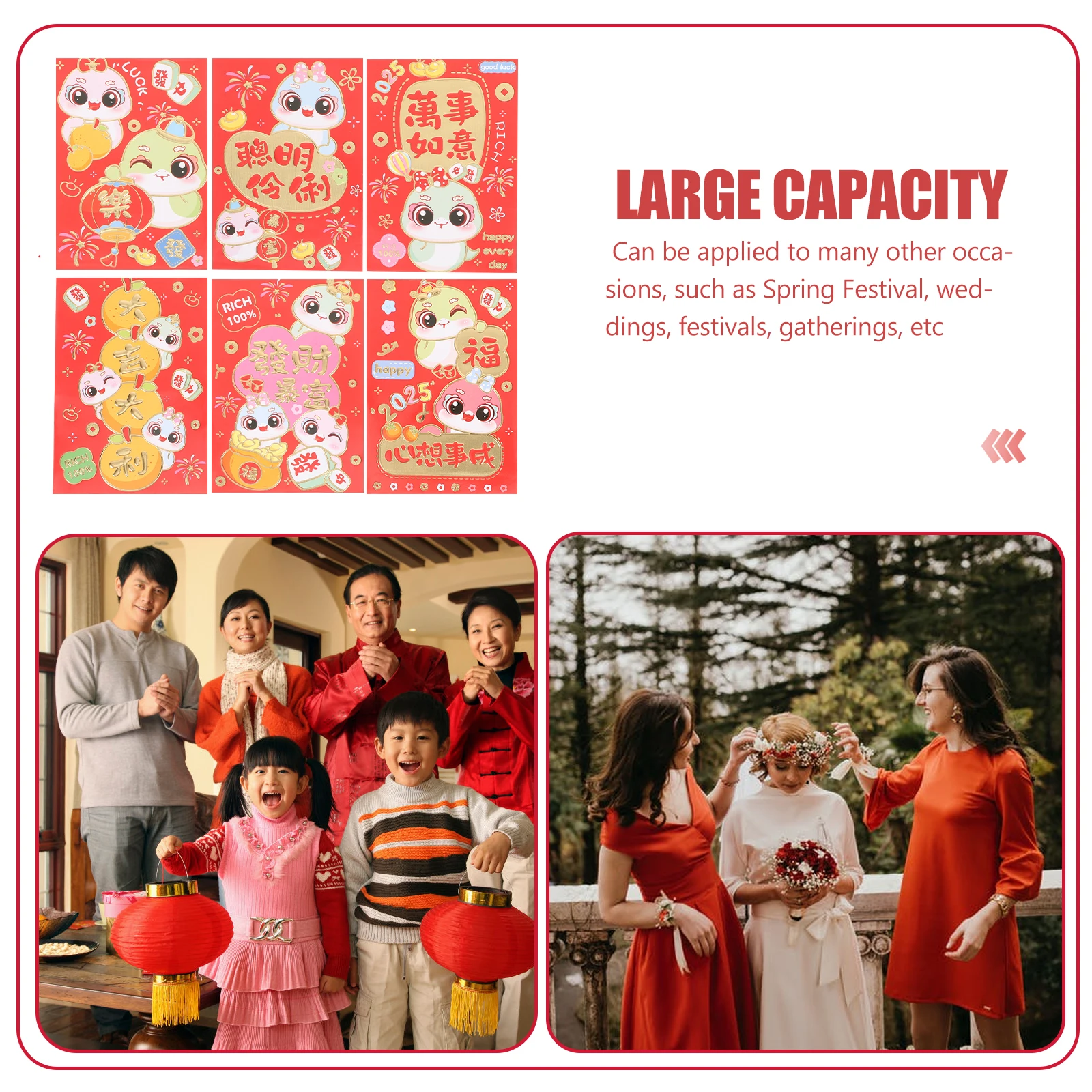 

60pcs Red Envelope Bags Cartoon Design Bright Money Envelopes Safe Material Easy Use Portable Cash Gift Lunar New Year Wedding