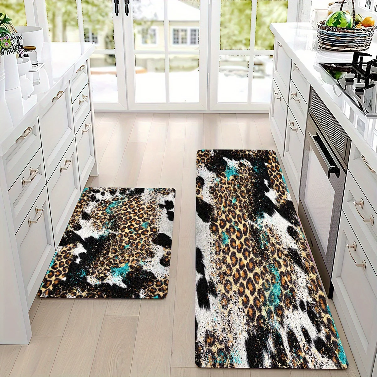 Leopard Cow Print Area Rug, Turquoise Animal Spotted Non Slip Floor Mat, Washable Living Room Bedroom Accent Carpet