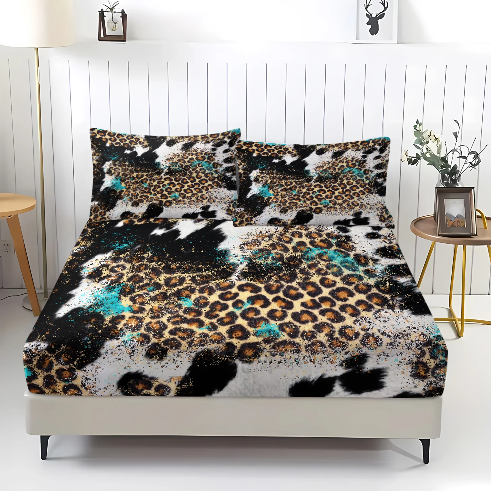Leopard Cow Print Fitted Sheet Set Western Turquoise Splatter Bedding Set With 2 Pillowcases Elastic Deep Pocket Mattress Cover