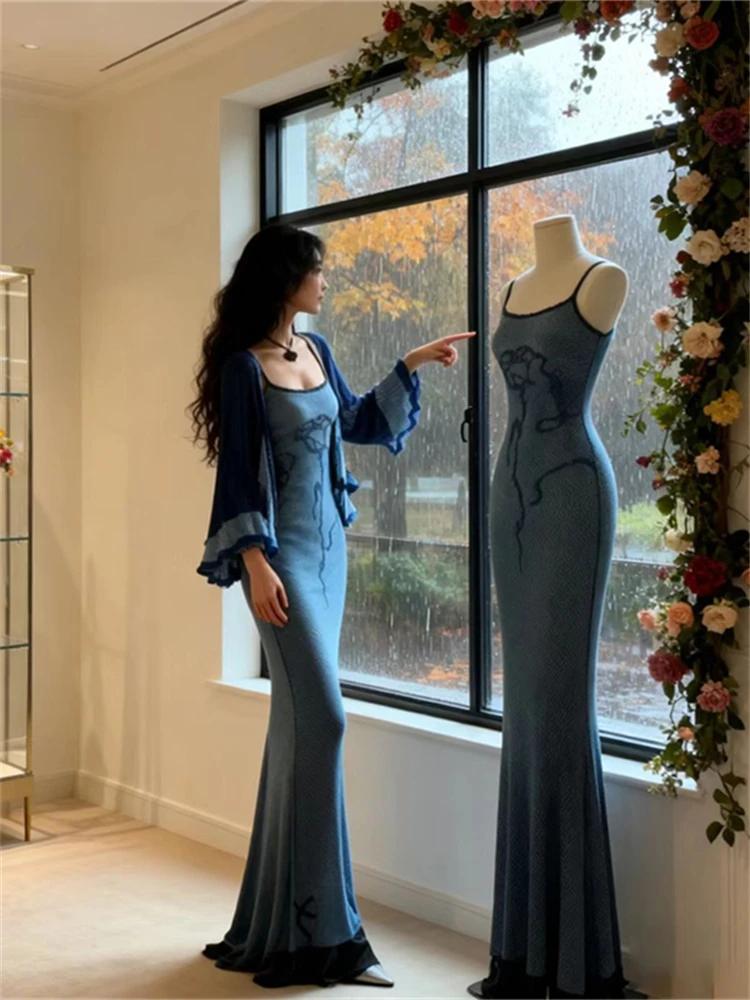 

Faionable Fi Tail Dr And Cardigan Set for Women Korean Sle Early Autumn New Arrival Ele Two Piece Suit