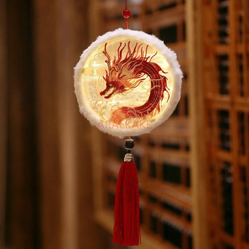 

Plush round lantern dragon horn embroidery lucky red dragon head portable luminous lantern Mid-Autumn Festival