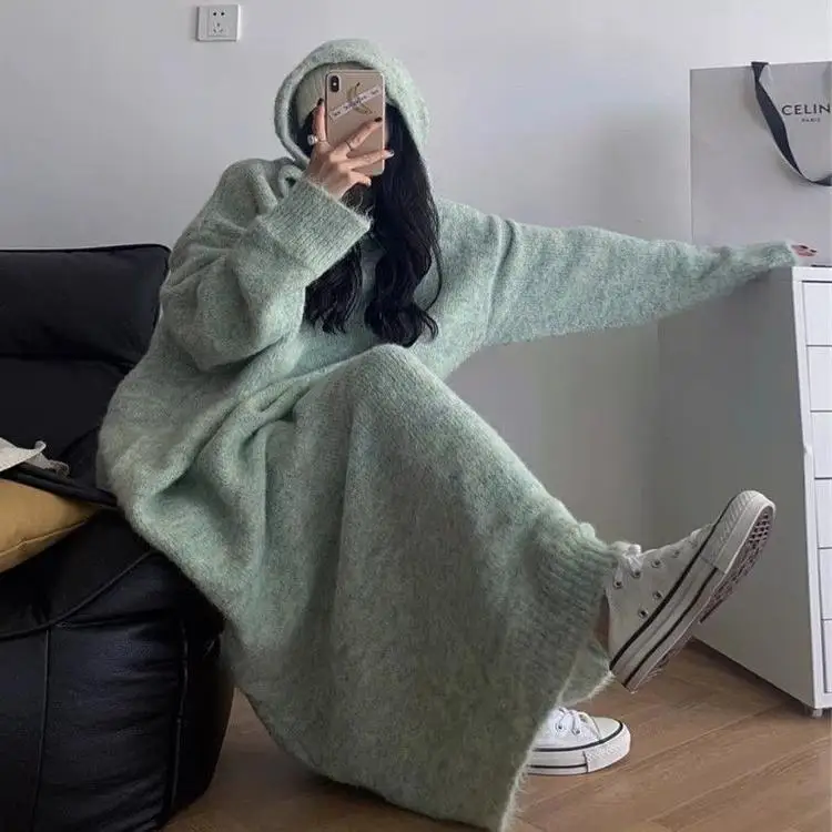 

plus Size Knitted Long Dress with Hood for Women Loose Fitting Conceals Flaws Anti-Aging Maternity Autumn Winter Fashion