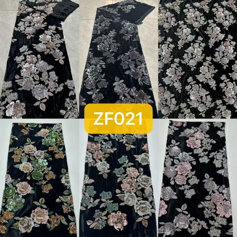 Ethnic Black Velvet Fabric with Colorful Flower Bead Sequin Embroidery Cloth for Women Skirt  Evening Dress DIY Sewing Material